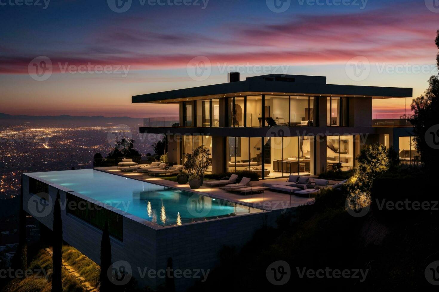 A luxurious house with a sparkling swimming pool in the front photo