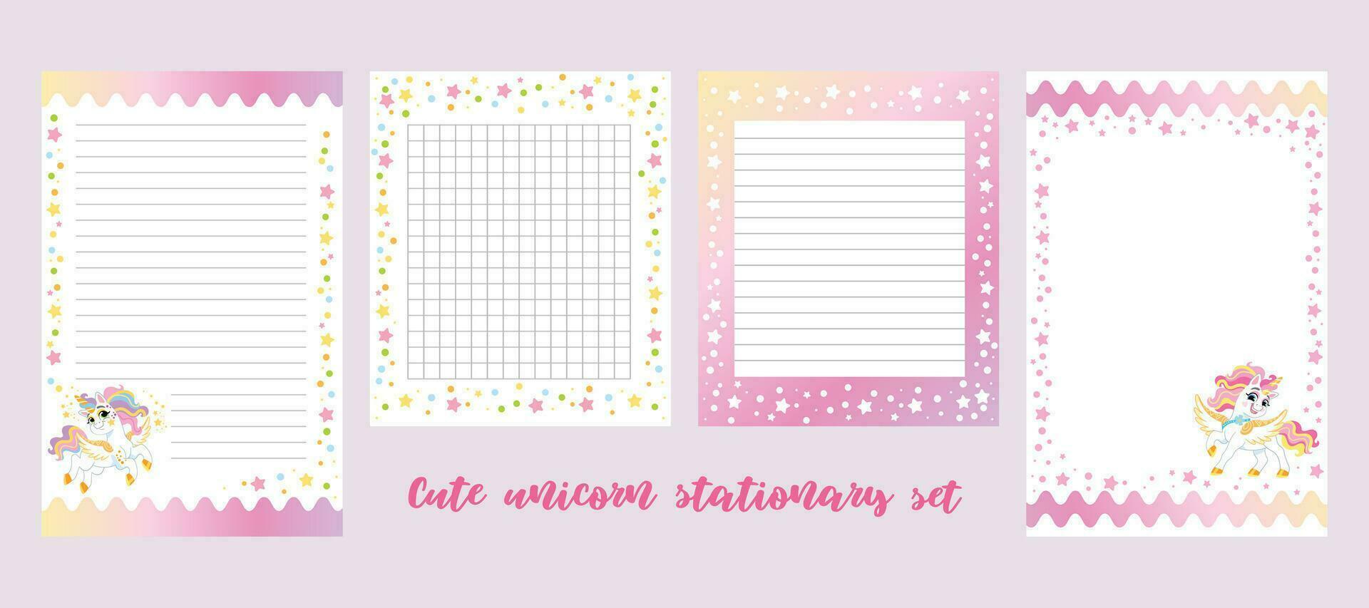 Printable happy unicorns note pages set vector