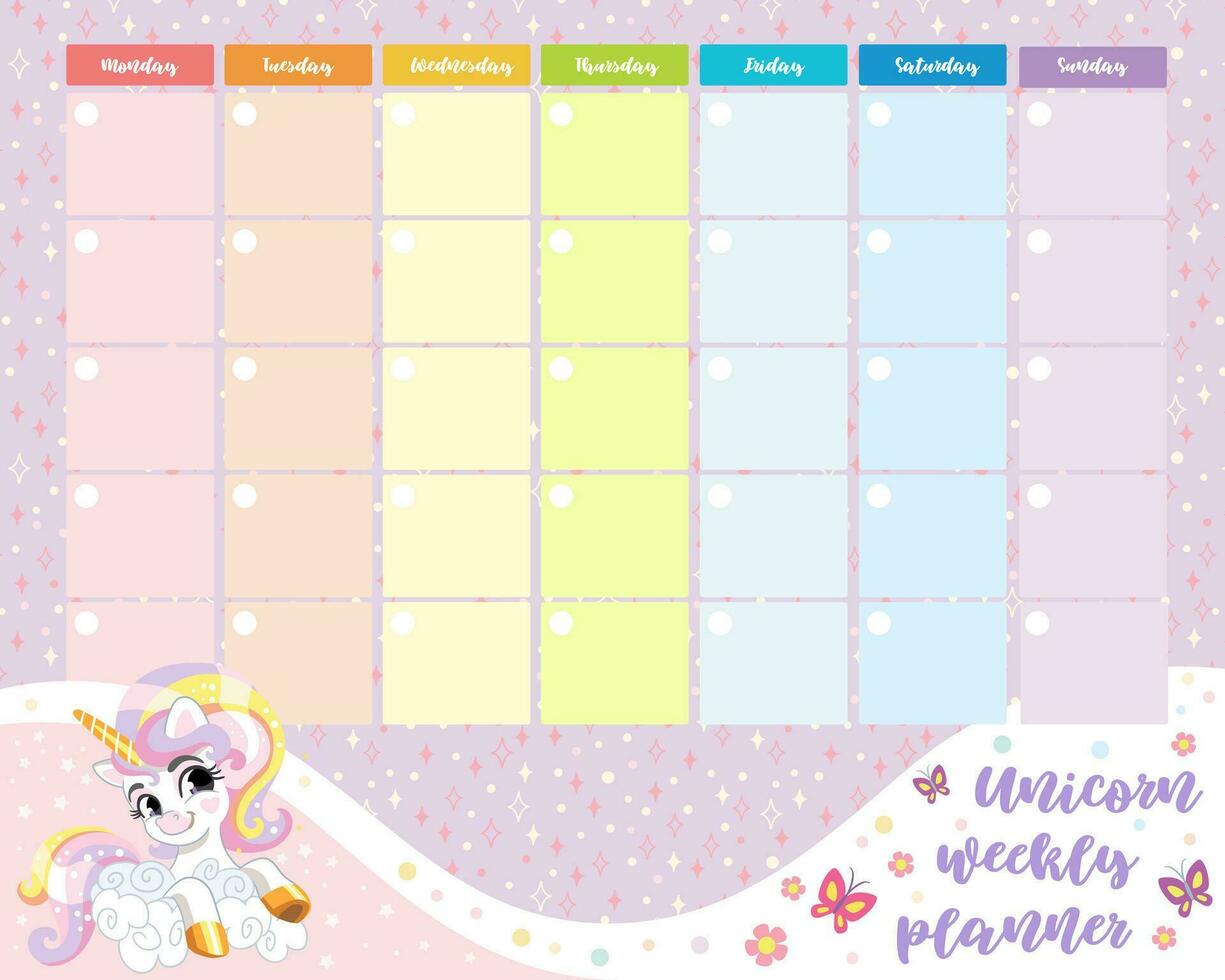 Printable magic sweet unicorn weekly planner vector