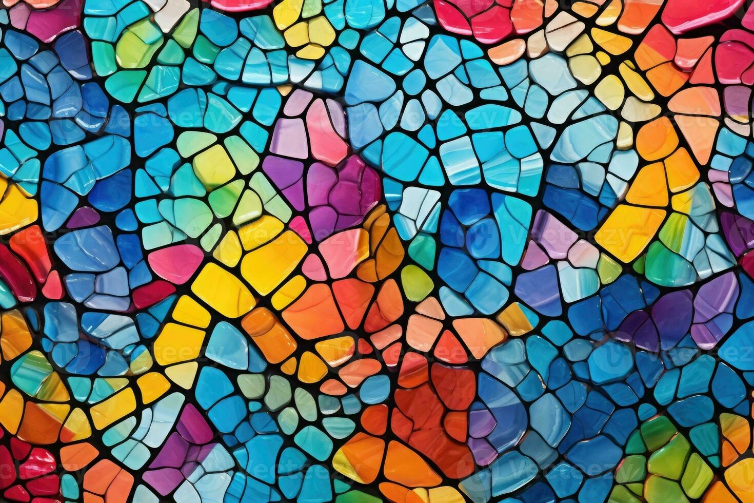 A vibrant mosaic tile wall with intricate patterns and colors photo