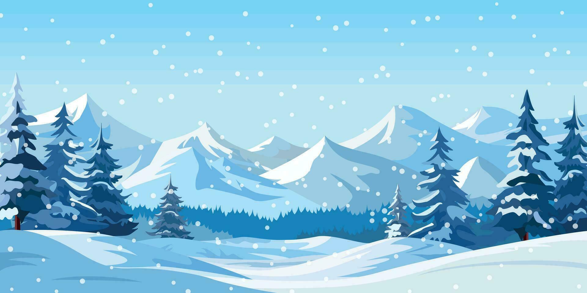 Vector illustration of flat winter mountain landscape with forest, snowdrifts and snowfall. Snowy weather background. Winter season.
