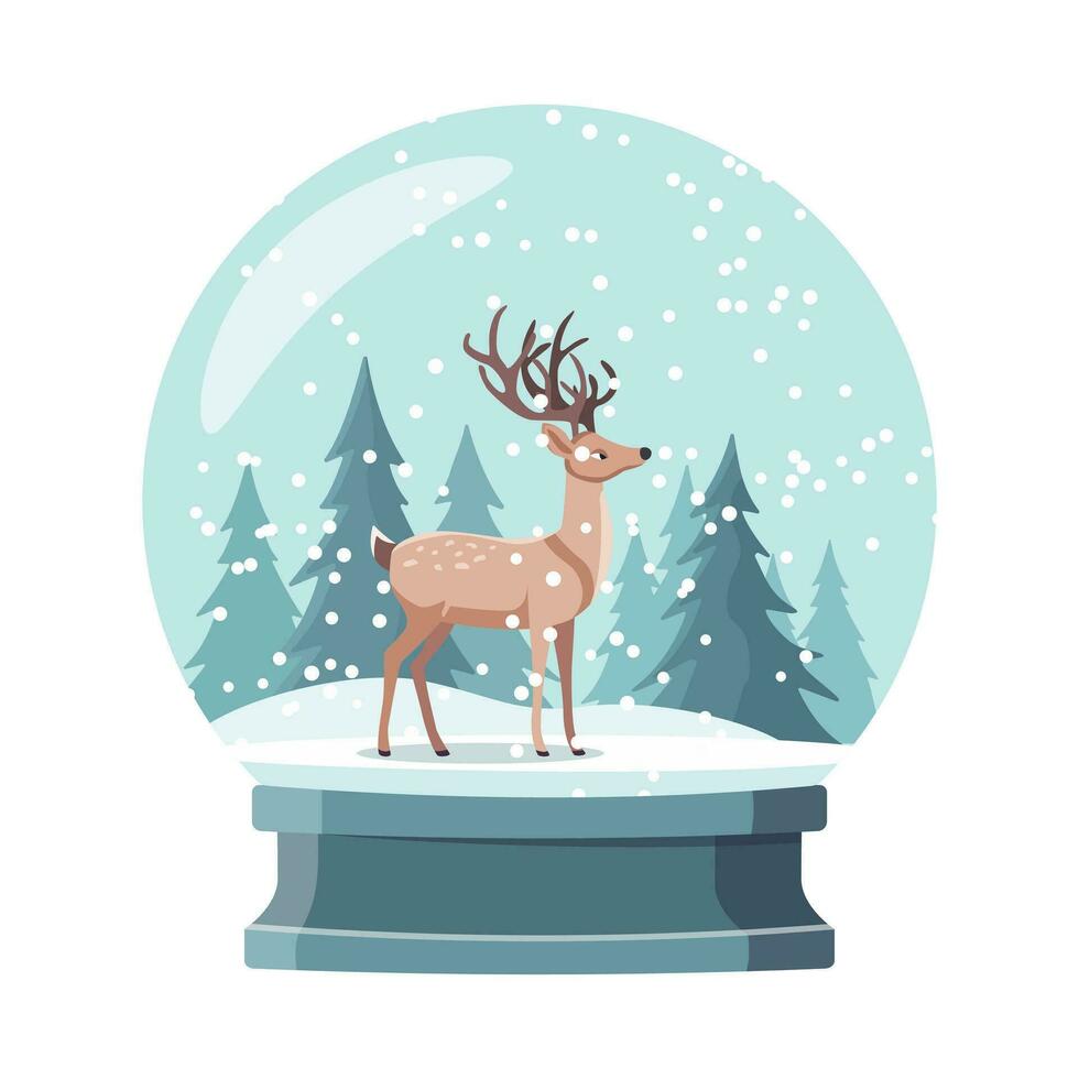 Hand drawn card for winter holidays with cute deer under snow. Vector cartoon illustration. Isolated on white background. Happy Christmas design.