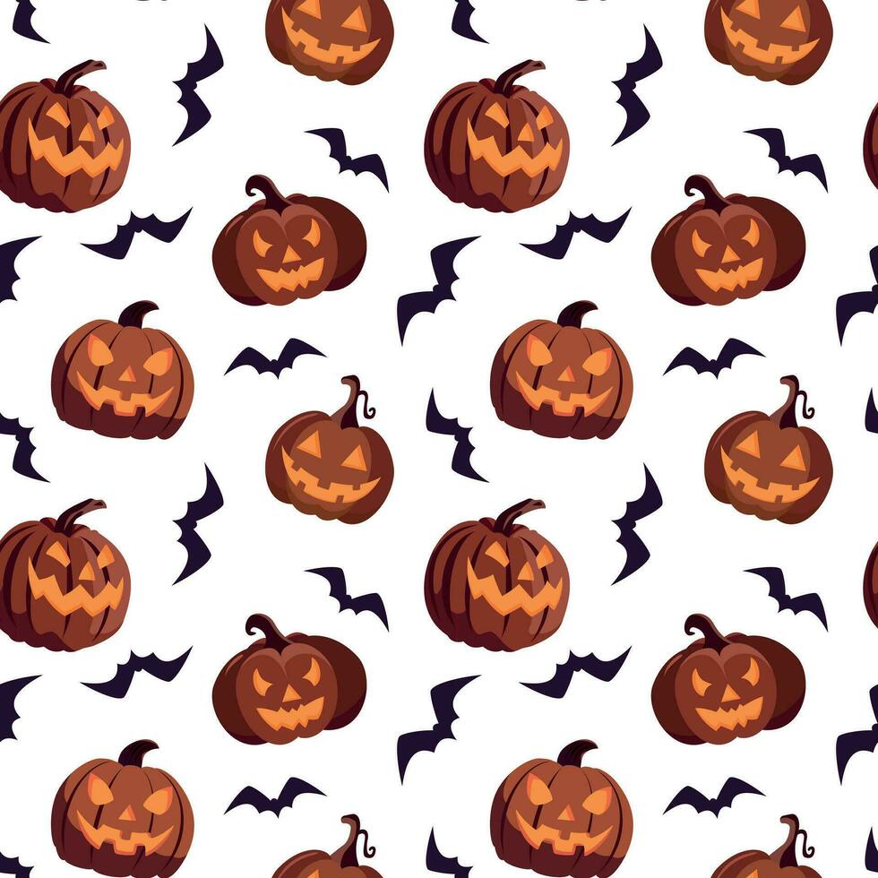 Halloween scary pumpkins with bats seamless pattern. Isolated on white background. Happy Halloween greeting card and trick or treat party design. vector