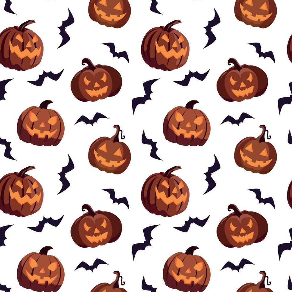 Halloween scary pumpkins with bats seamless pattern. Isolated on white background. Happy Halloween greeting card and trick or treat party design. vector