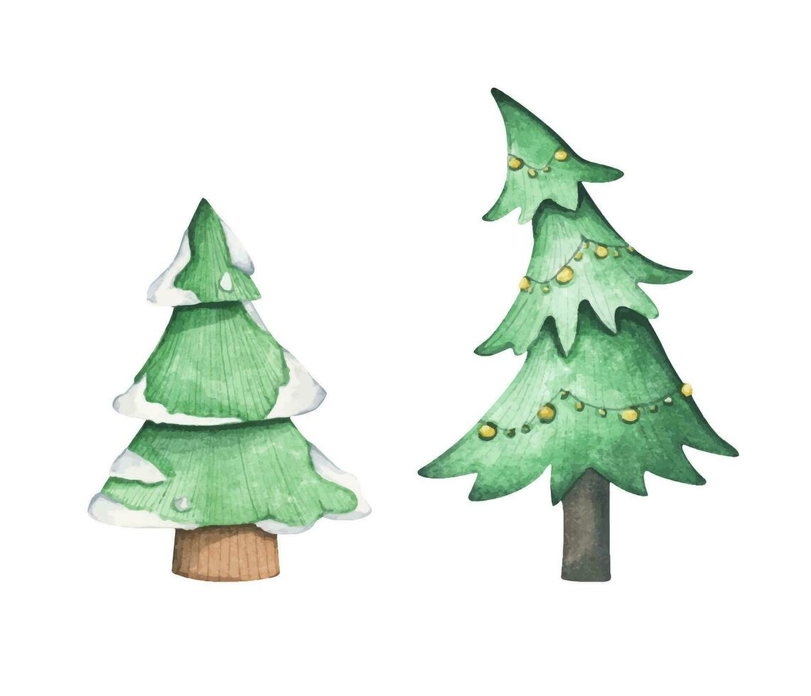 Set watercolor Christmas and new year trees, Christmas pine. vector