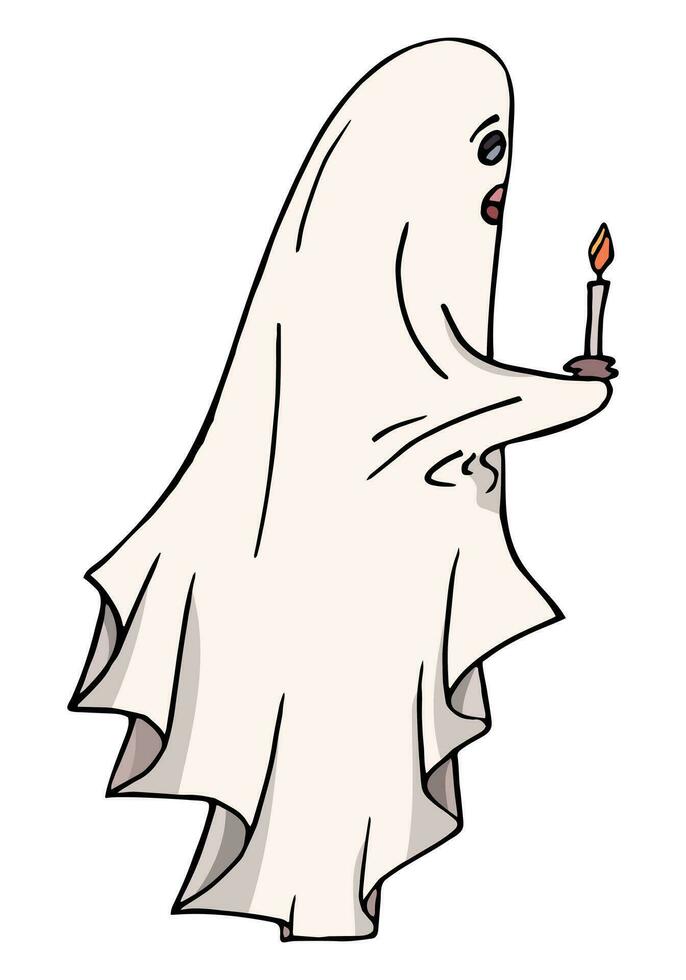 linda fantasma aislado, dibujos animados fantasmas, escalofriante vector, linda garabatear personaje, Víspera de Todos los Santos soñoliento espíritu con vela vector