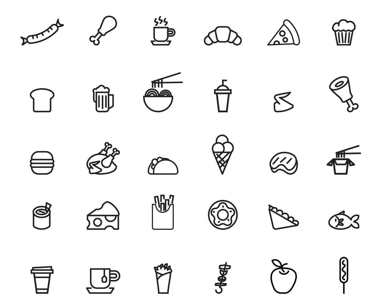 Set of line icons related to takeaway food, fast food, takeout foot, street food. Outline icon collection. Vector illustration