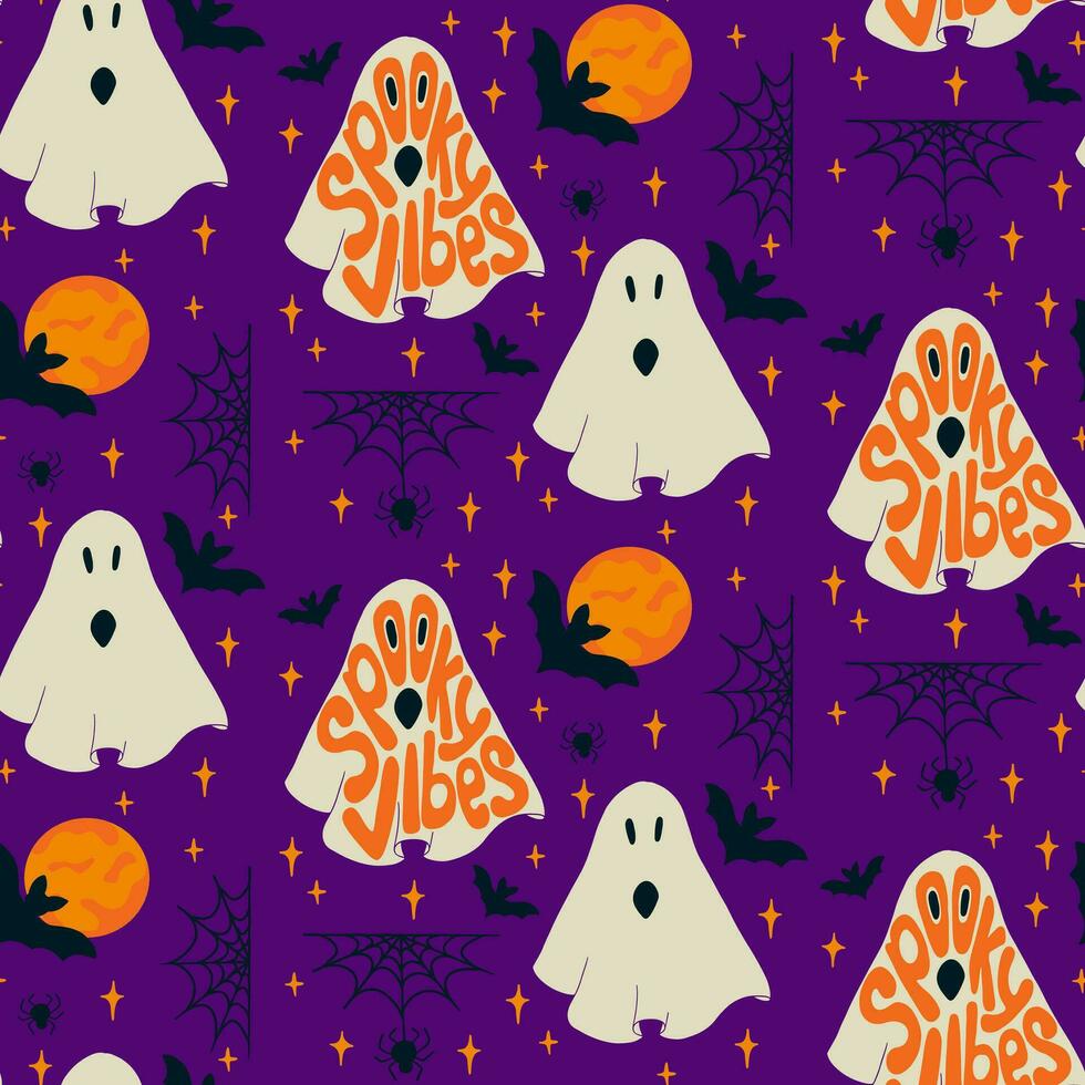 Ghost pattern with Halloween groovy lettering. Spooky ghost in flat minimalistic style with slogan Spooky vibes inside. Hand drawn trendy retro design for party decoration, textile, wrapping vector