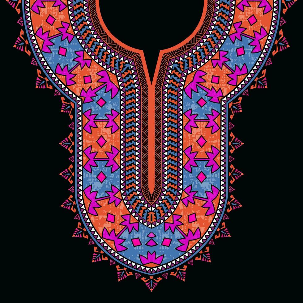 Colorful abstract symmetrical neckline pattern design for African dashiki shirt with savage tribe patterns. vector