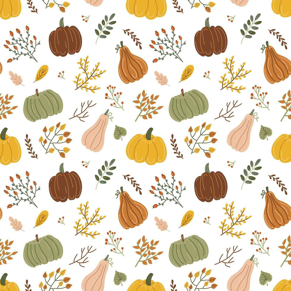 Pumpkins and leaves. Seamless pattern, vector illustration