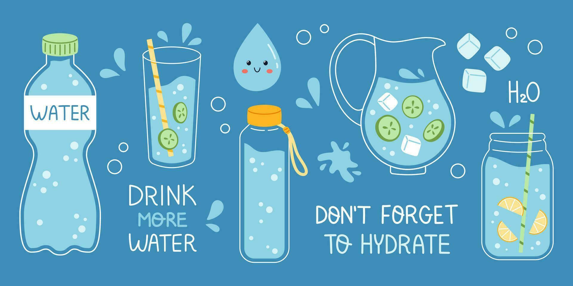 Vector drink more water set. Dont forget to hydrate. Trendy collection on dark blue background. Glass, jar, bottle and jug of clean water with slice of cucumber and lemon. Detox drink.