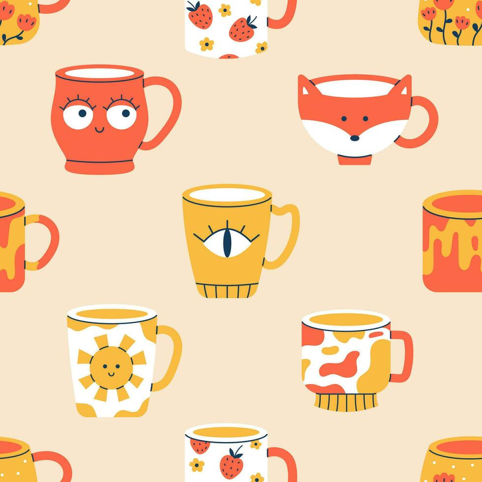Vector seamless pattern of different cups of tea or coffee. Trendy print with funny mugs with various ornaments. Background with modern drink cups.