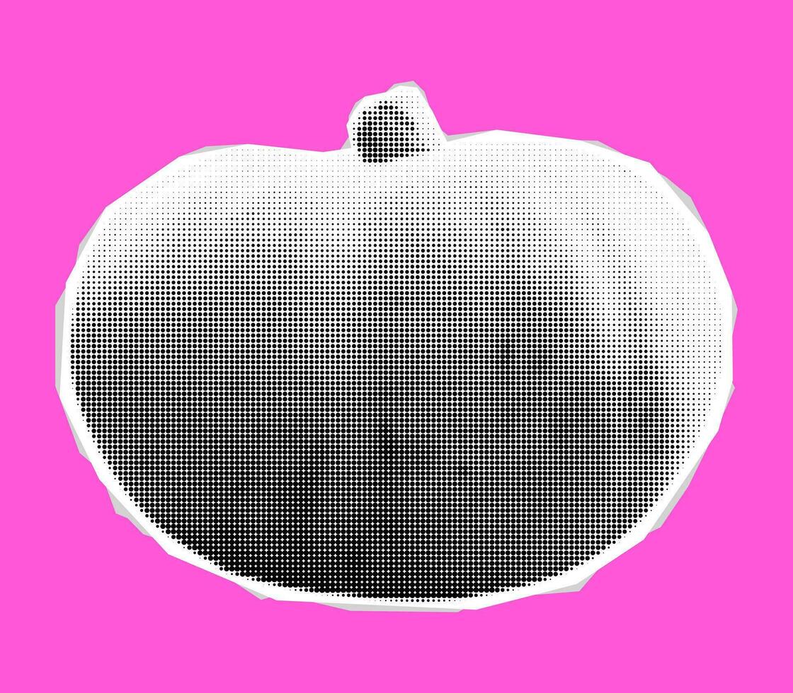 Vector halftone autumn pumpkin. Collage halftone y2k punk pumpkin design element. Modern vintage halftone fall thanksgiving pumpkin on pink background.