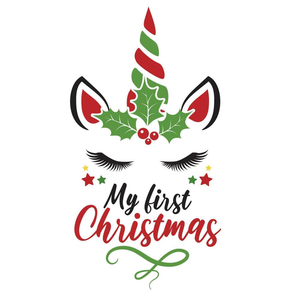 mi primero Navidad vector ilustración con linda ciervo unicornio cara y rosas. muchachas Navidad diseño aislado bueno para Navidad saludos tarjetas, póster, imprimir, pegatina, invitaciones,