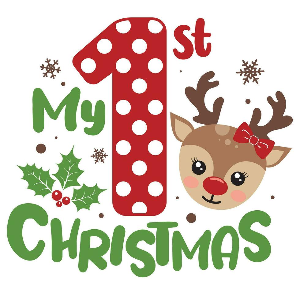 mi primero Navidad vector ilustración con linda ciervo rostro. muchachas Navidad número diseño aislado bueno para Navidad saludos tarjetas, póster, imprimir, pegatina, invitaciones, bebé camiseta, taza, regalos.