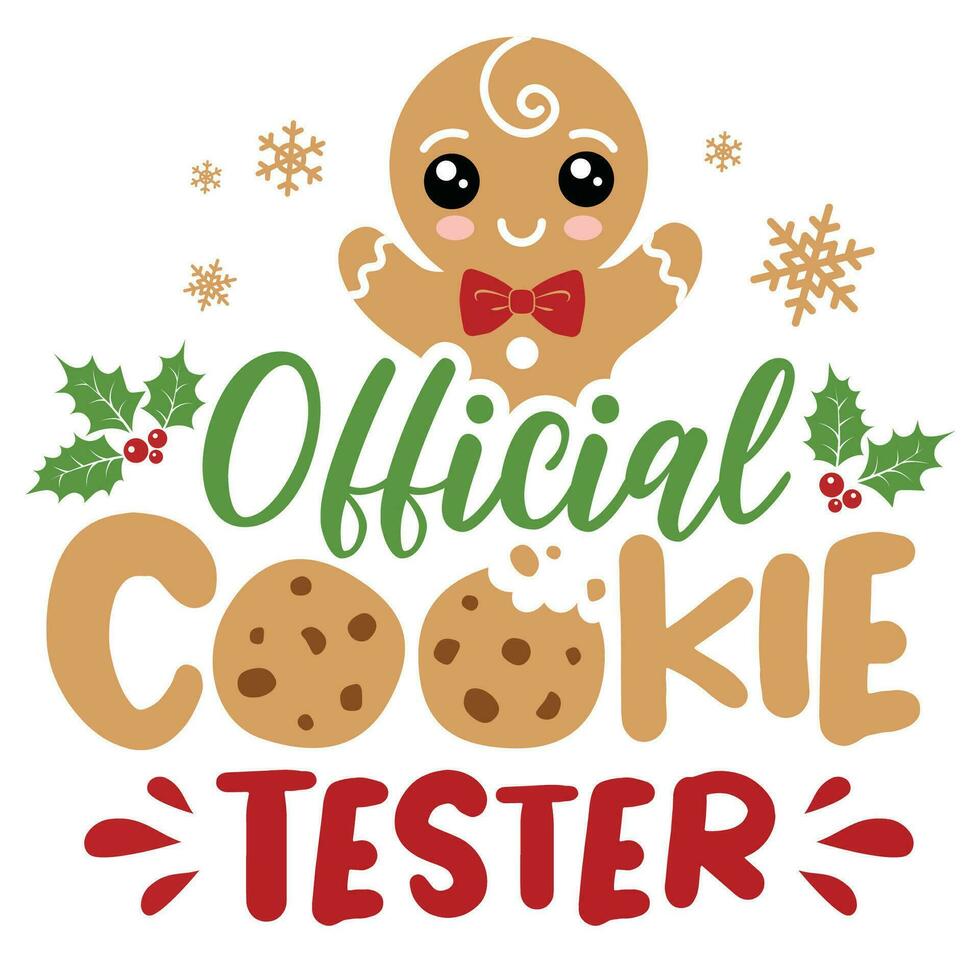 Official cookie tester vector illustration with cute boy ginger men. Kids Christmas design isolated good for Xmas greetings cards, poster, print, sticker, invitations, baby t-shirt, mug, gifts.