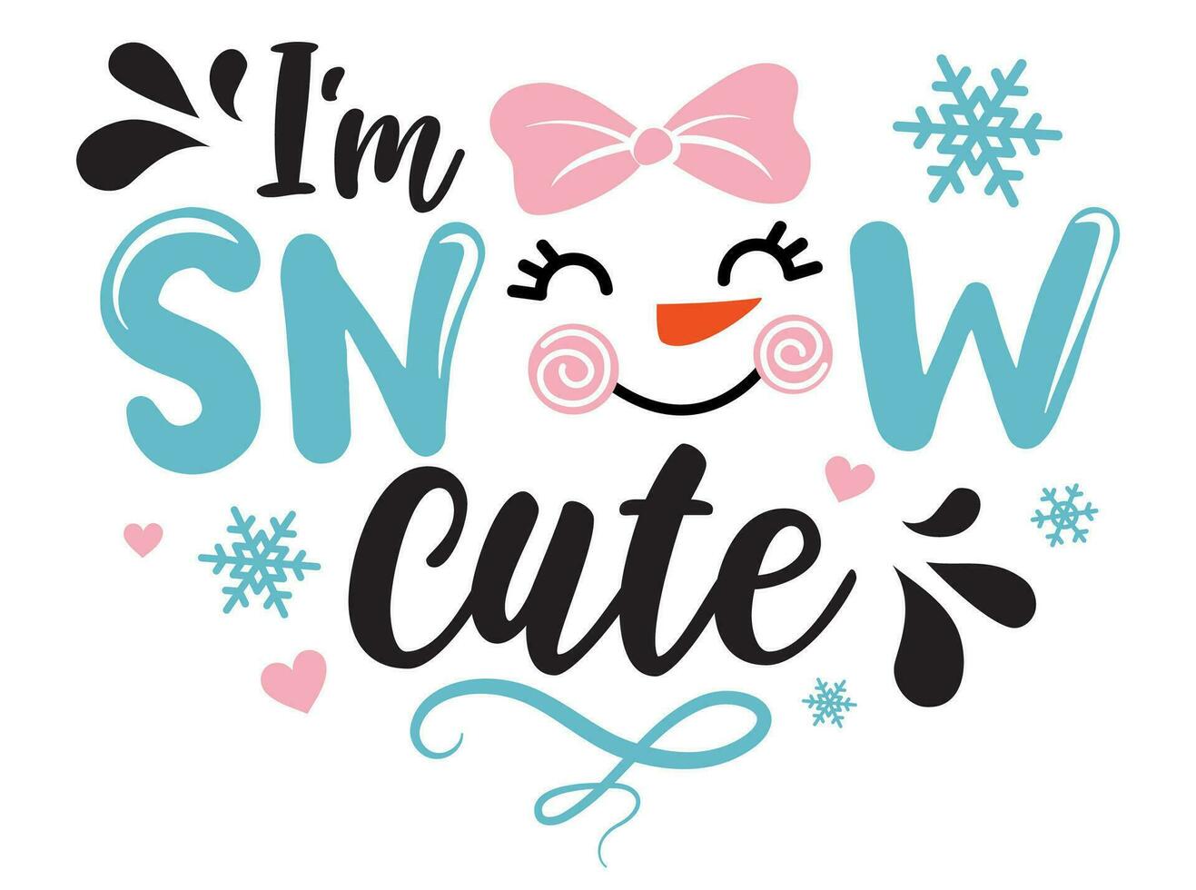 WeI'm snow cute vector illustration with girl snowmen and snowflakes. Kids Christmas design isolated good for Xmas greetings cards, poster, print, sticker, invitations, baby t-shirt, mug, gifts.