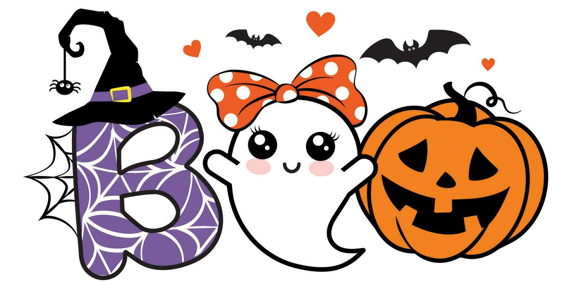 Boo Cute Ghost girl Halloween vector illustration with pumpkin, hearts, and bats. Girls Halloween design isolated good for Xmas greetings cards, poster, print, sticker, invitations, baby t-shirt, mug