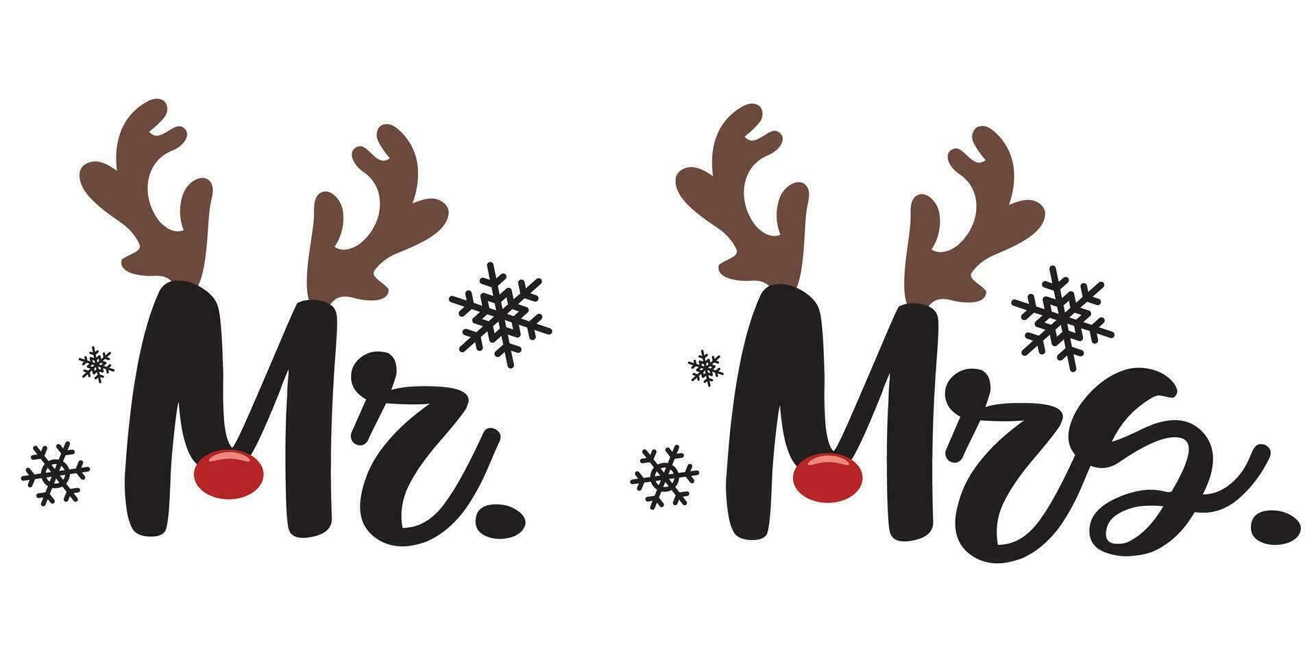 Christmas Mr. and Mrs. wedding vector illustration with cute reindeer horns. Merry Christmas design isolated good for Xmas greetings cards, poster, print, sticker, invitations, baby t-shirt, mug