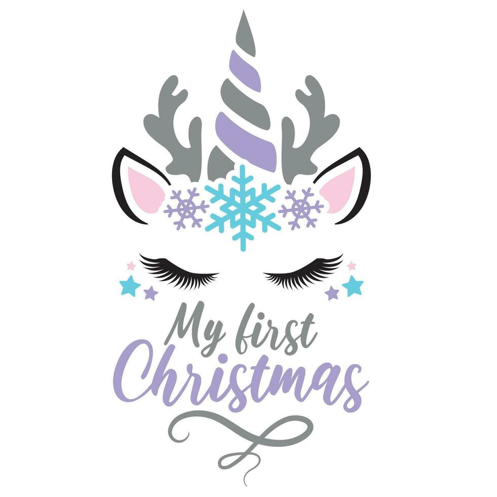 My first Christmas vector illustration with cute deer unicorn face and snowflakes. Girls Christmas design isolated good for Xmas greetings cards, poster, print, sticker, invitations, baby