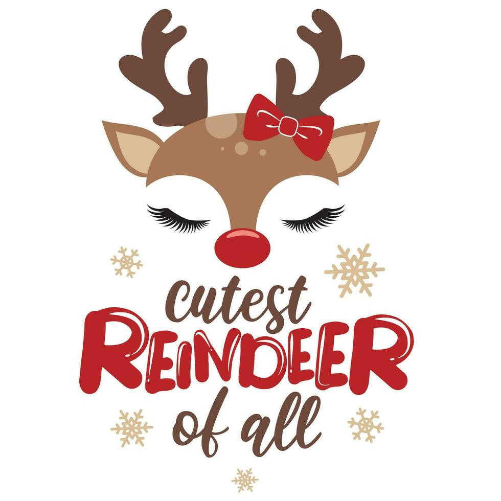 Cutest reindeer of all vector illustration with cute deer face. Kids Christmas design isolated good for Xmas greetings cards, poster, print, sticker, invitations, baby t-shirt, mug, gifts.