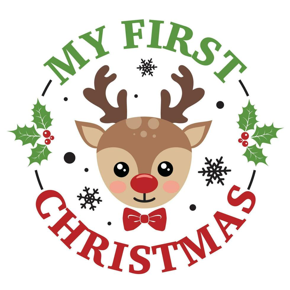 My first Christmas vector illustration with cute deer face. Boys Christmas design isolated good for Xmas greetings cards, poster, print, sticker, invitations, baby t-shirt, mug, gifts.