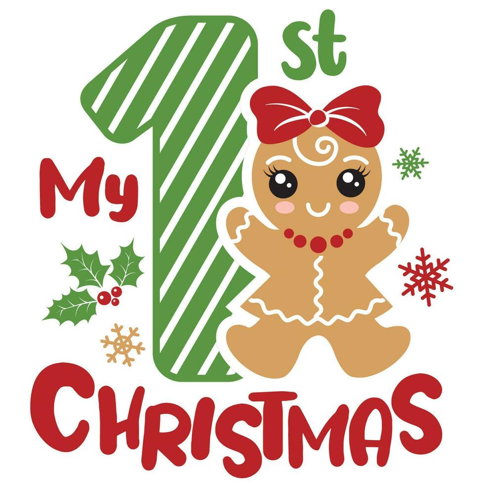 mi primero Navidad vector ilustración con linda niña jengibre hombres. niños Navidad diseño aislado bueno para Navidad saludos tarjetas, póster, imprimir, pegatina, invitaciones, bebé camiseta, taza, regalos.