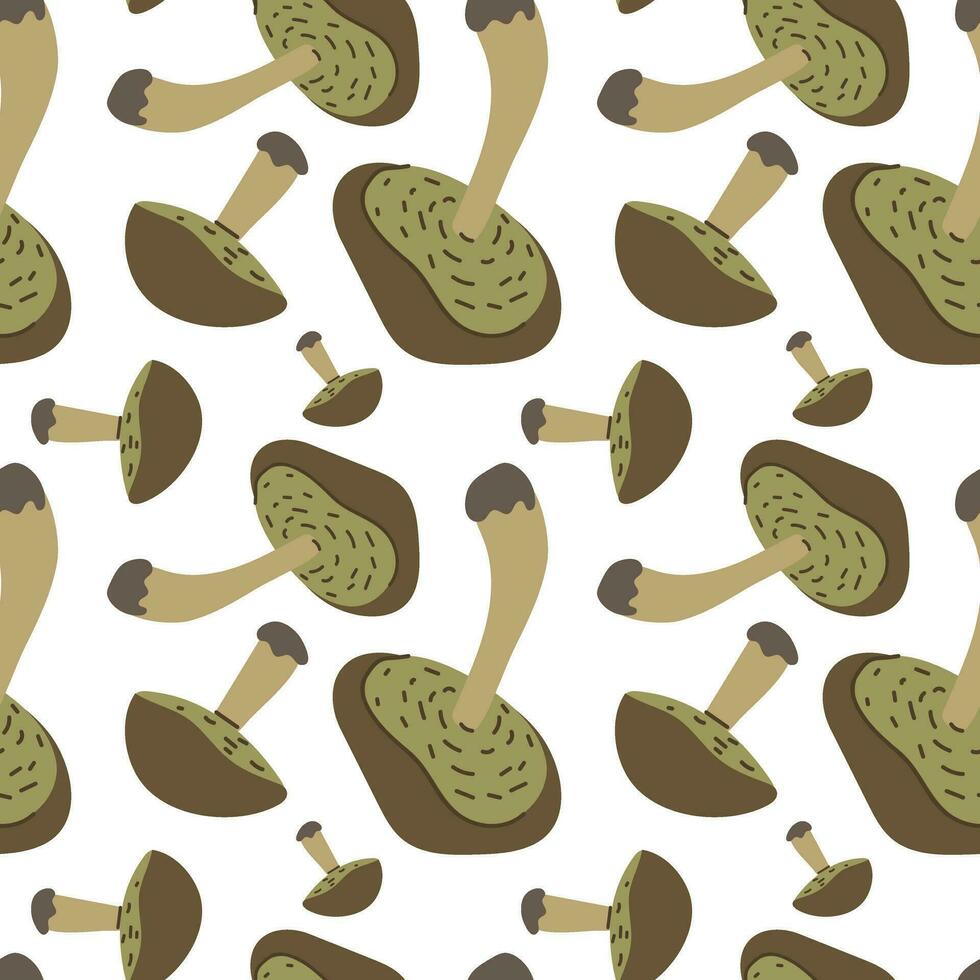 Vector seamless pattern with mossiness on a white background. Seamless texture, hand-drawn cartoon group of small and large mushrooms. Design template for textiles, wallpaper, print. mossiness hat