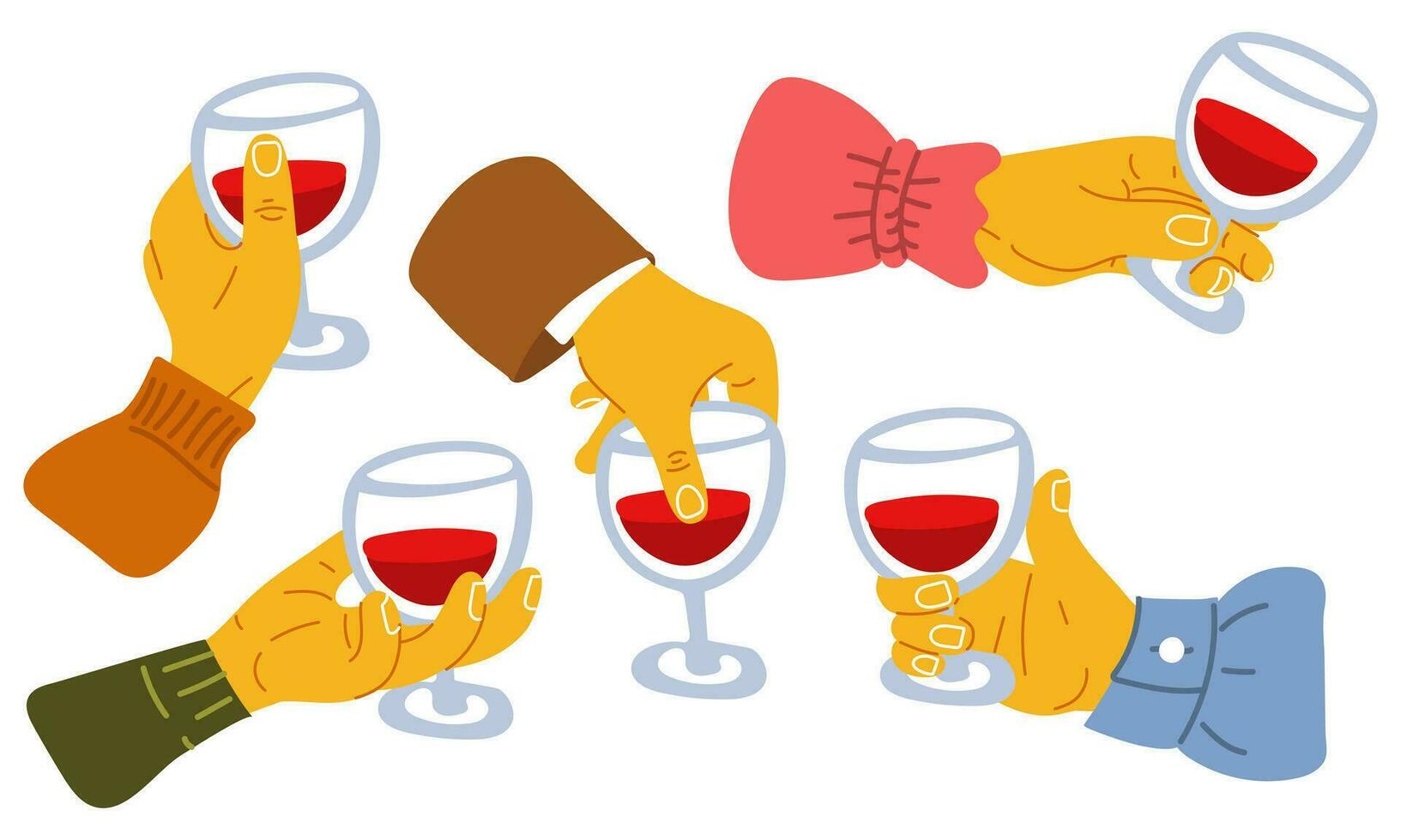 The hand typesetter holds wine glasses in his hands. A man and a woman with wine glasses in different poses. Cartoon vector flat illustration glass in hand tasting, celebration, celebrate, check out