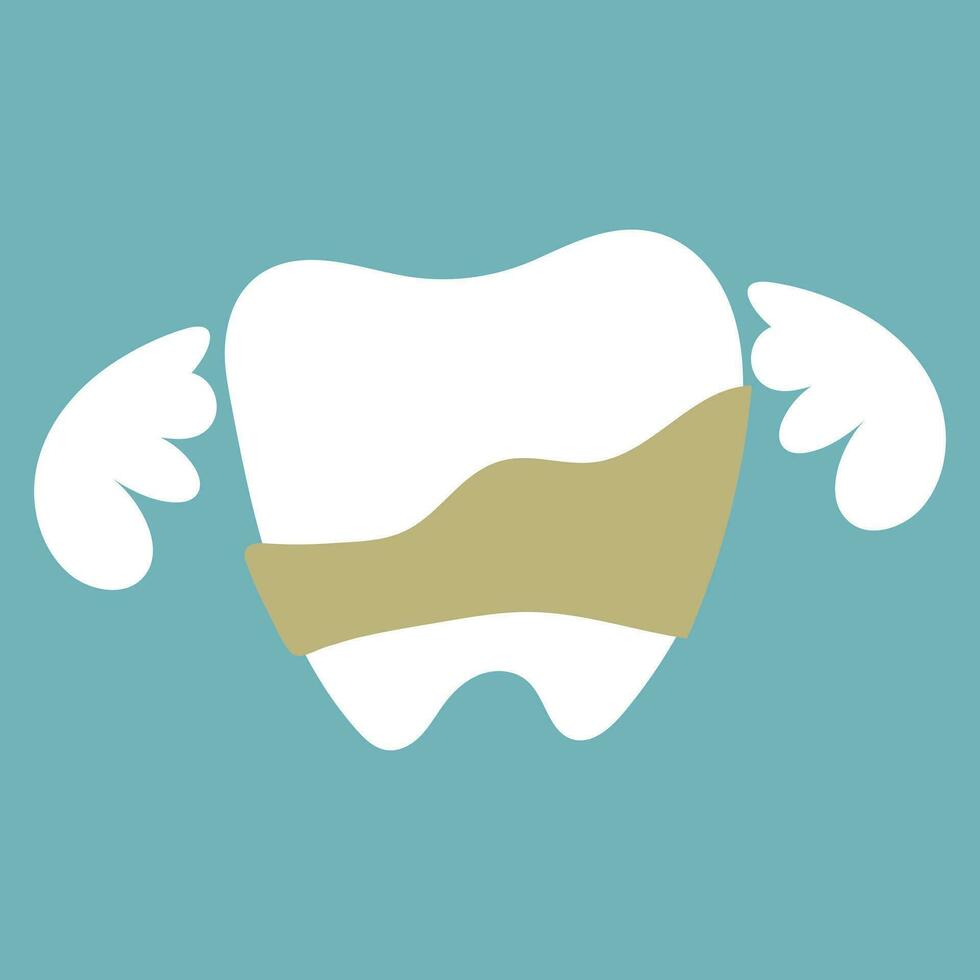 Tooth with plaque and tartar vector illustration with wings. The concept of a sign for brushing teeth from a stone. Vector design of dentist's tooth and bird wings. Sad tooth with wings, dentistry