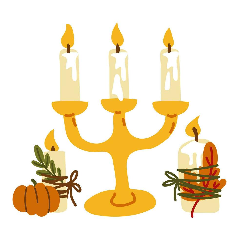 A set of hand-drawn cartoon decor elements with autumn leaves, pumpkins. Beautiful illustrations for harvest day, Thanksgiving day. Candles, candlesticks, thread, leaves, pumpkins in a flat style vector