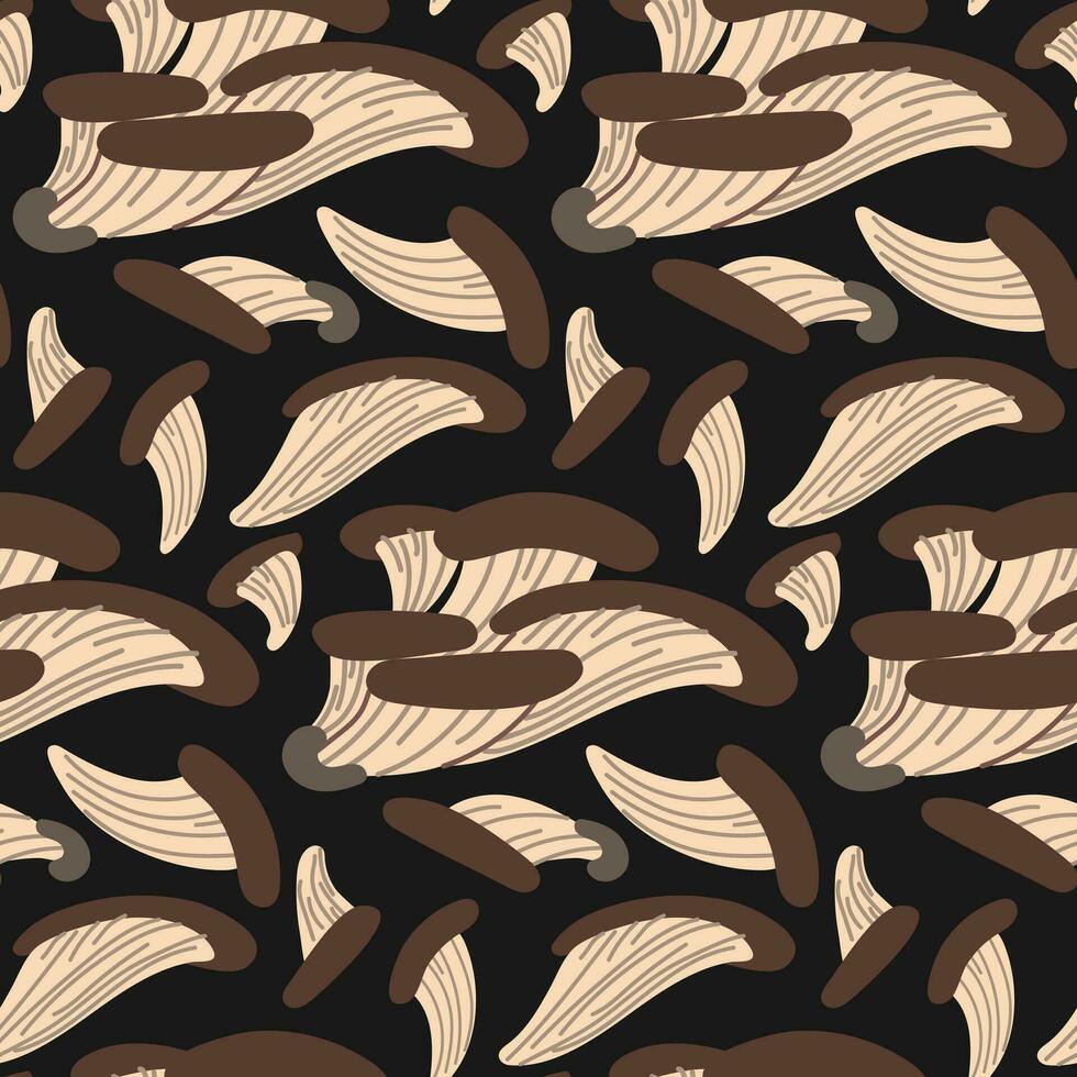 Vector seamless pattern with oyster on a black background. Seamless texture, hand-drawn cartoon group of small mushrooms. Design template for textiles, wallpaper, print. oyster hat together