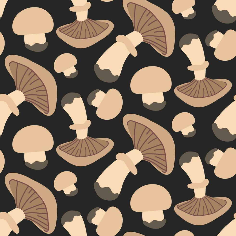 Vector seamless pattern with champignon mushroom on a dark background. Seamless texture, hand-drawn cartoon striped mushrooms. Design template for textiles, wallpaper, print. champignon on grey