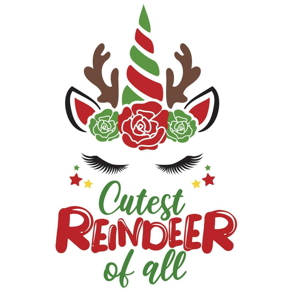 My first Christmas vector illustration with cute deer unicorn face and roses. Girls Christmas design isolated good for Xmas greetings cards, poster, print, sticker, invitations, baby t-shirt, mug