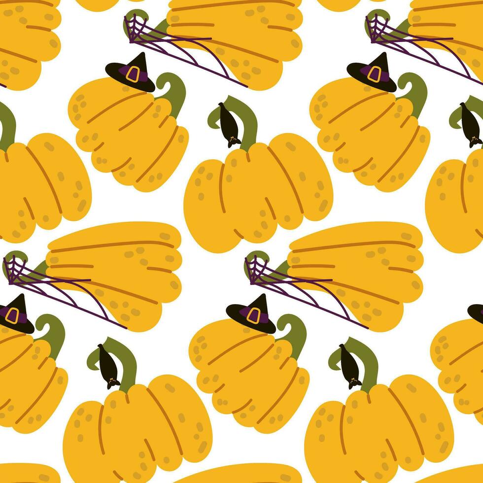 Funny pumpkins with seamless pattern of black bat, witch hat, spider web. Yellow pumpkins on a white background. Seamless cute texture. Witch, mystic. Vector illustration in a flat style for Halloween