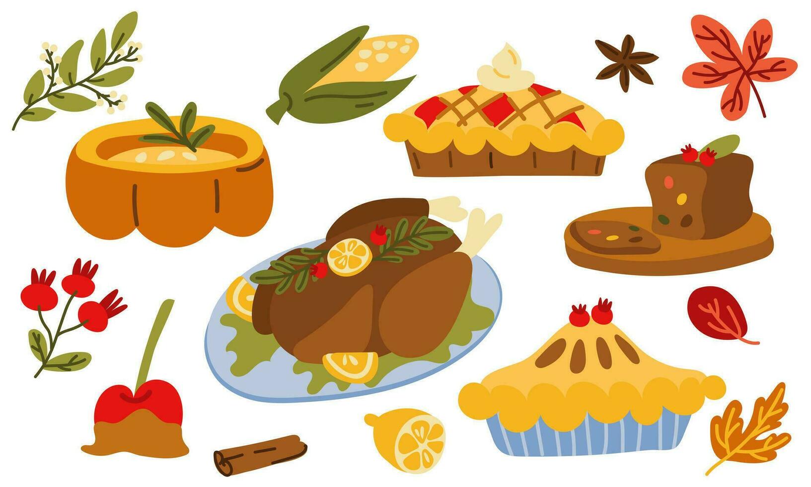 Thanksgiving dishes. Vector set of dishes with fresh ripe pumpkin, pastries, fruit pie, soup, turkey. A traditional autumn Thanksgiving dish. Autumn set for Halloween invitation, harvest, menu