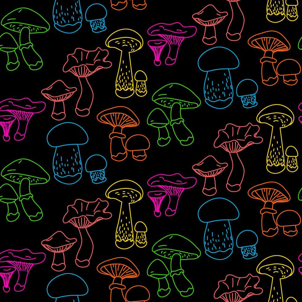 Bright contour pattern with mushrooms. Colorful illustration with edible mushrooms, bright psychedelic colors on a black background. Contoured seamless texture for printing on textiles and paper vector