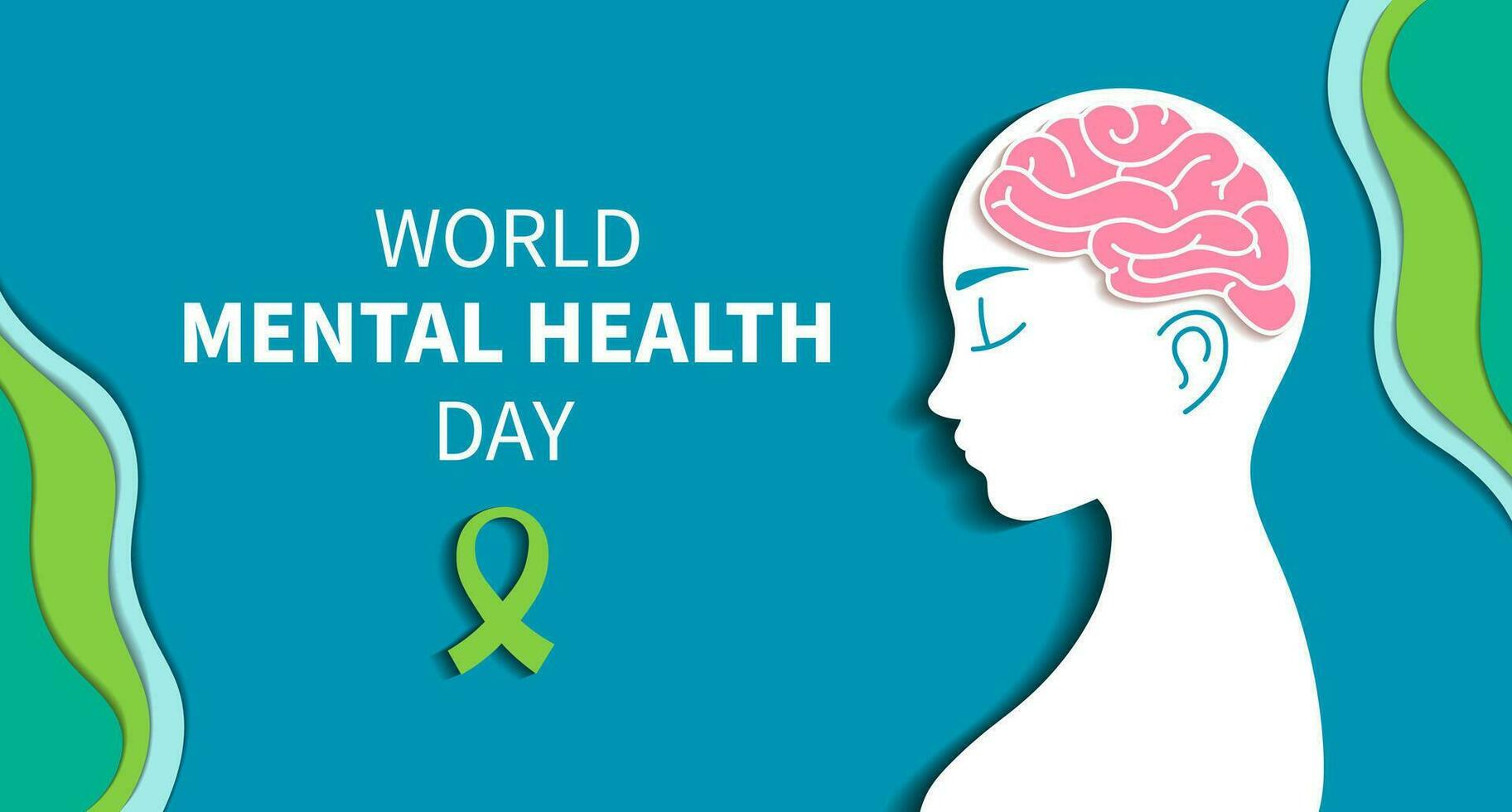 World mental health day web banner. Human head silhouette, healthy brain. Peace and harmony in consciousness and life concept. Vector Background. Paper cut style.