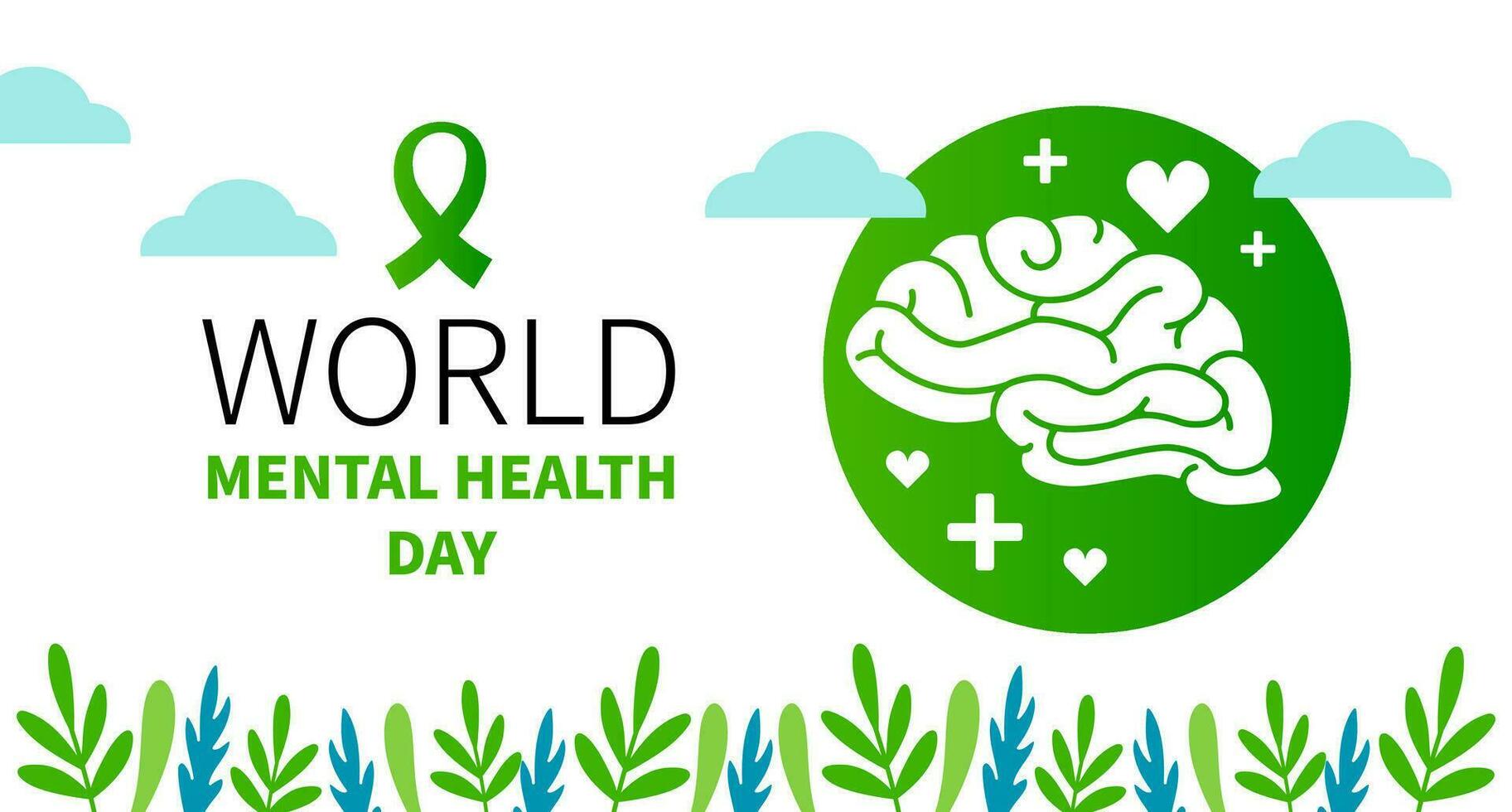 World mental health day web banner. Brain and flowers. Vector illustration. Suitable for Poster, Banners, campaign and greeting card. Mental health Background. Flat design.