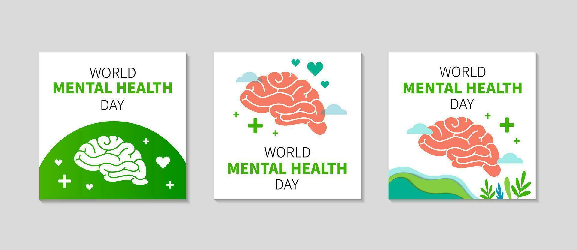 World mental health day social media Post template set. Brain and abstract elements. Peace and harmony in consciousness and life concept. Vector flat illustration.