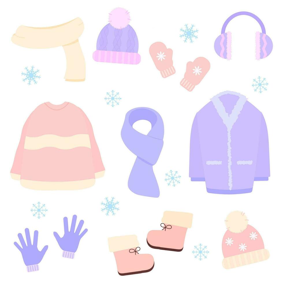 Isolated winter cute outfit set collections with scarf, mittens, gloves, hat, sweater, earmuffs. Warm seasonal clothes at wardrobe vector