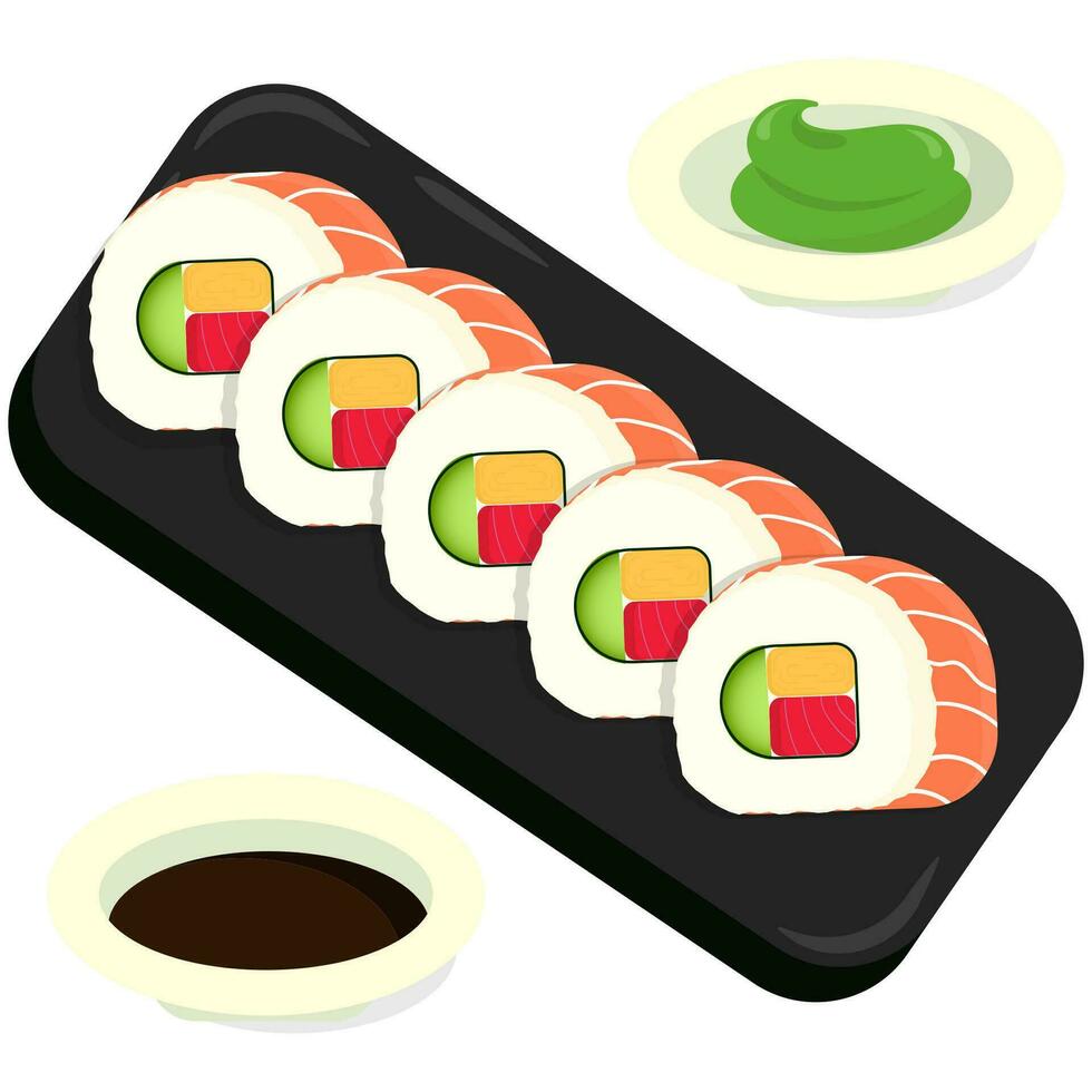 aislado uramaki Sushi con salmón rebanadas en blanco antecedentes plano diseño ilustración vector