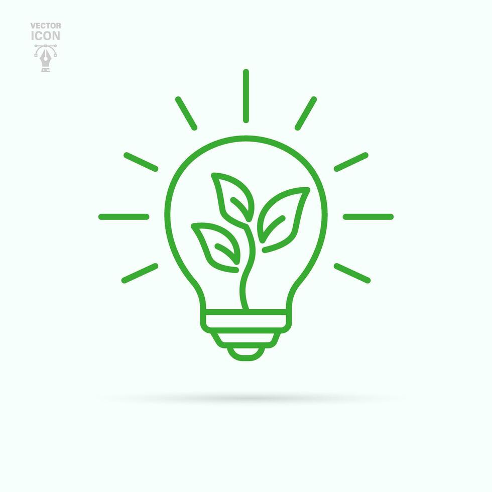 Shining electric ecology light bulb with leaf inside. Sustainable ecological energy icon. Isolated vector illustration