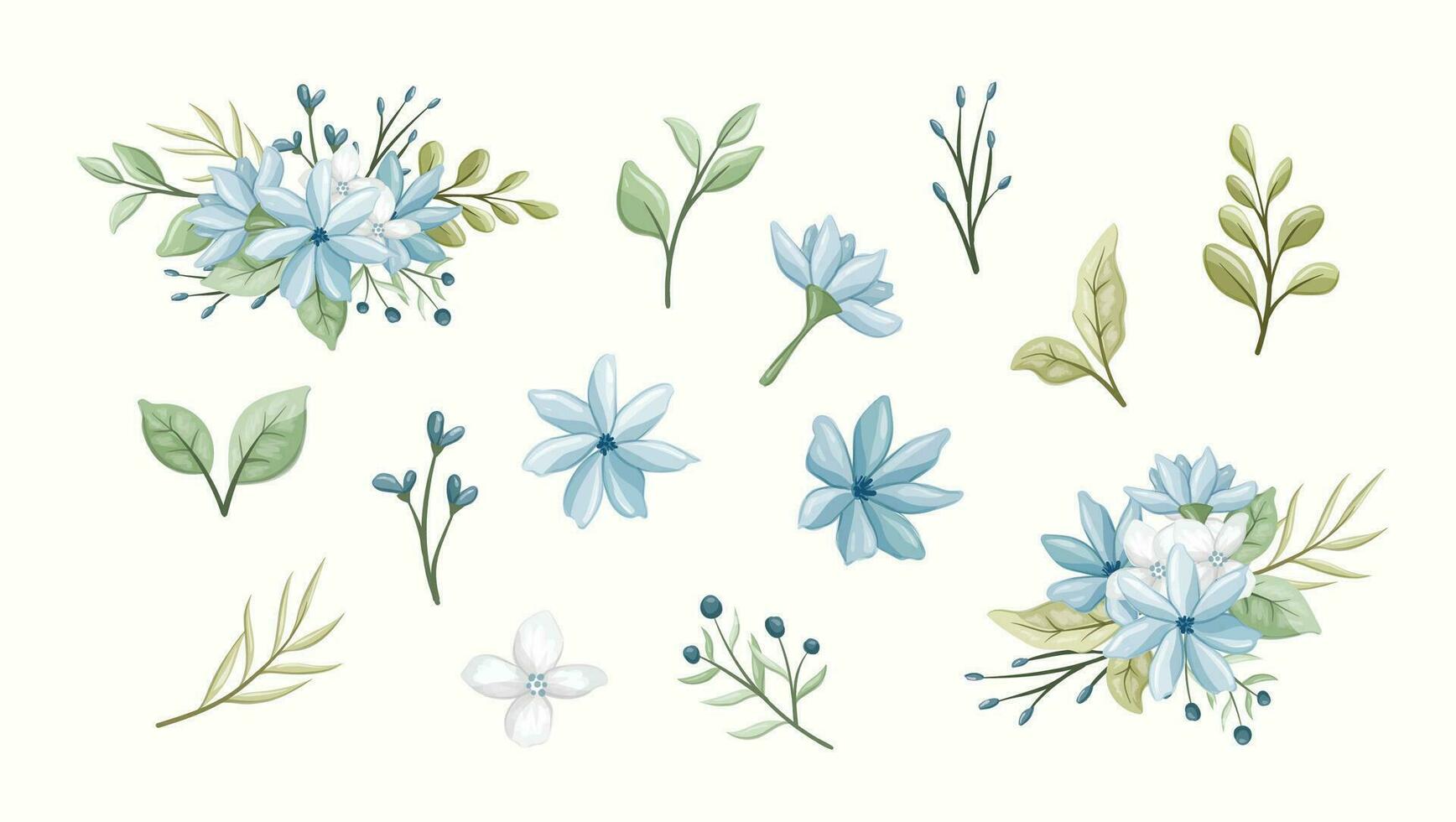 blue flowers and leaves collection vector