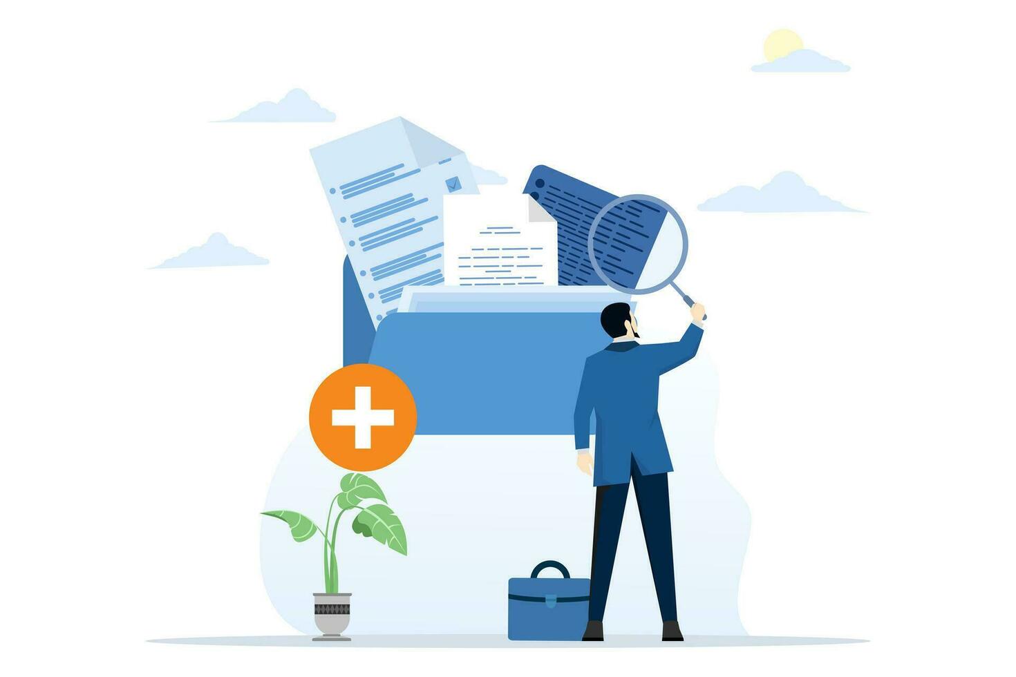 Concept of information storage and indexing. Male worker adding files to a large folder. Businessman holding magnifying glass. Archives of users and data. Database, looking for info.archive, vector