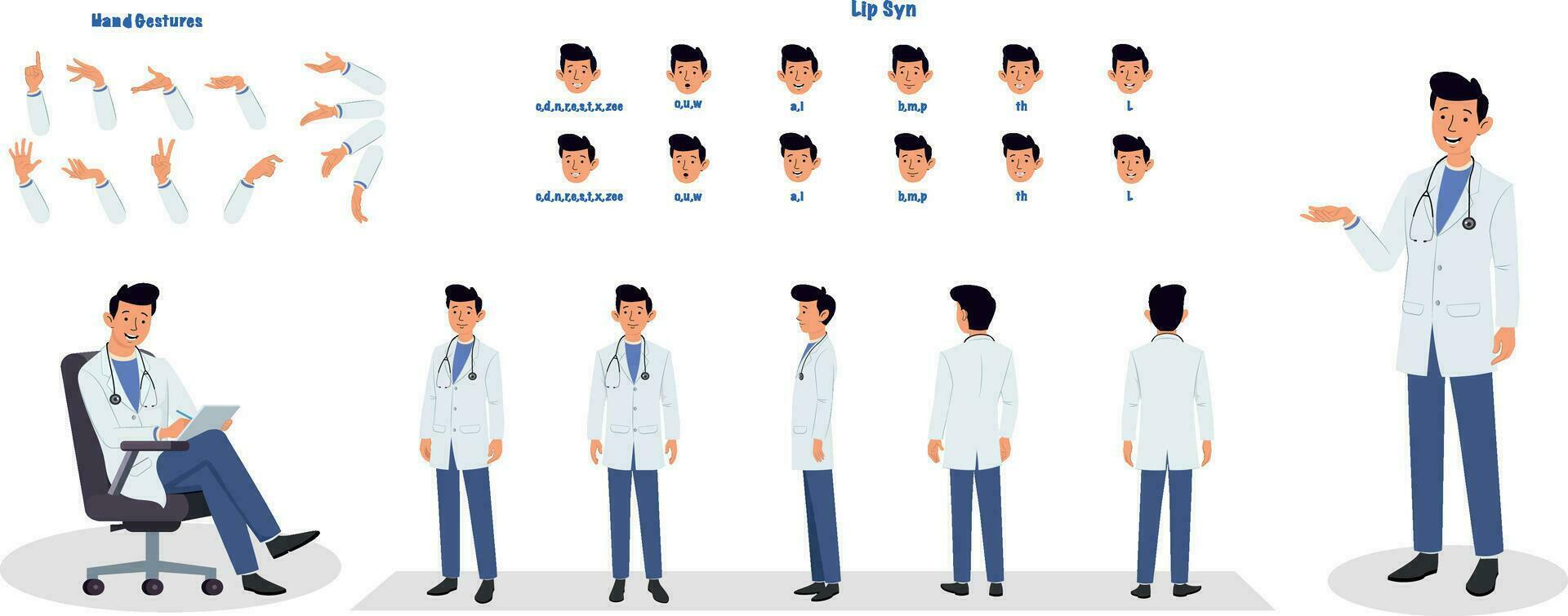 Psychiatrist character model sheet. Doctor, psychologist character creation set. Health worker turnaround sheet vector