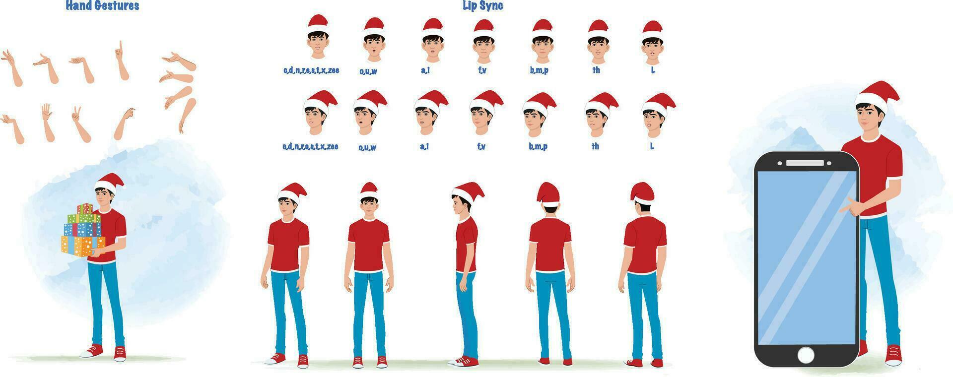 A santa man, man model sheet. santa man creation set. santa man turnaround sheet, hand gestures, lip sync vector