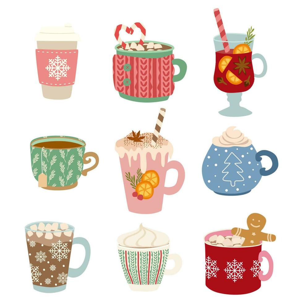 Set of Autumn and Winter drinks Vector Flat illustration. Hand drawn Cup with Cappucino, Coffee, Hot chocolate, Cacao, Tea, Mulled wine isolated on white. Template for Holiday, Decoration, Christmas.