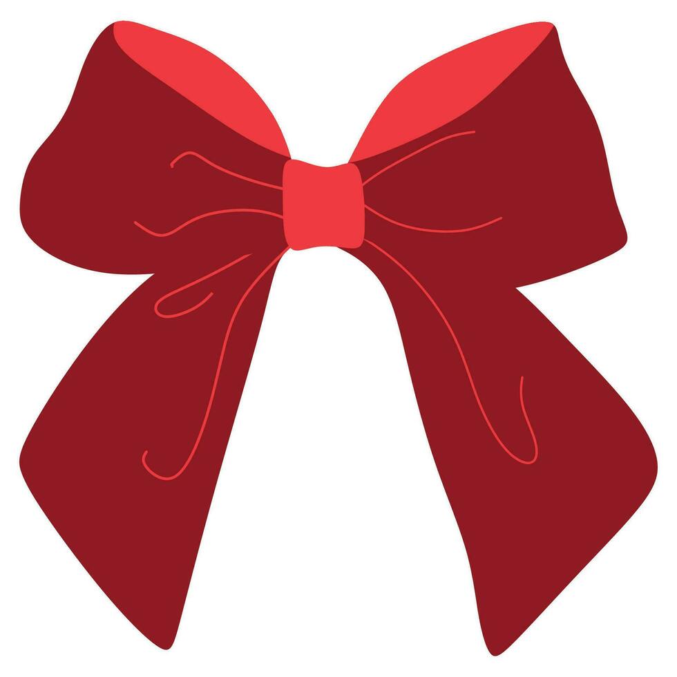 Vector bow Illustration. Isolated long red ribbon and big bow with two tails. Colorful satin stretching line. Holiday concept. New Year, Christmas banner. Cartoon style. Front view. Flat design.