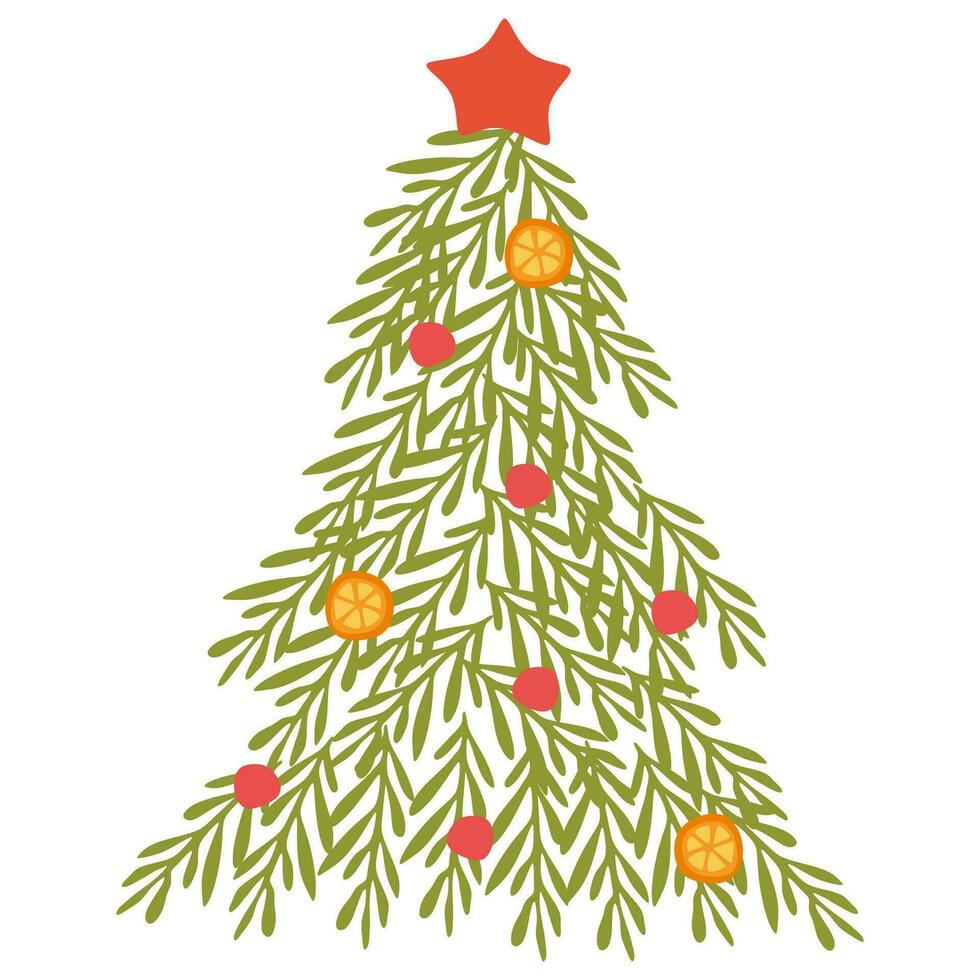 Navidad árbol hecho de muérdago ramas con bayas y estrella. nuevo año rojo y amarillo decoración, fiesta antecedentes y festivo elemento. Navidad y nuevo año póster. vector